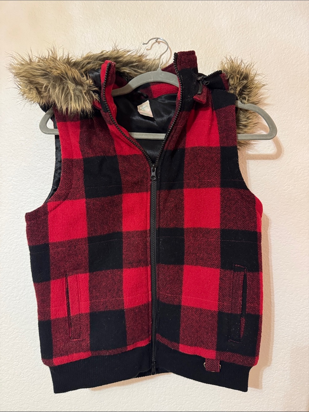 Aqua Red and Black Plaid Faux Fur Hooded Vest